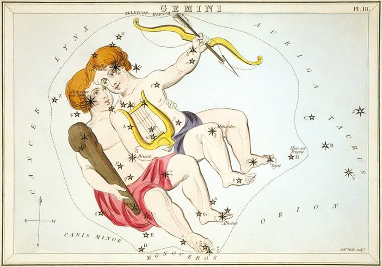 Gemini (The Twins) constellation, from Urania's Mirror, 1824