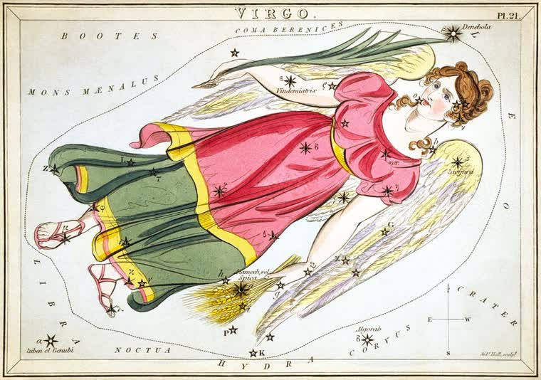 Virgo (The Maiden) constellation, from Urania's Mirror, 1824